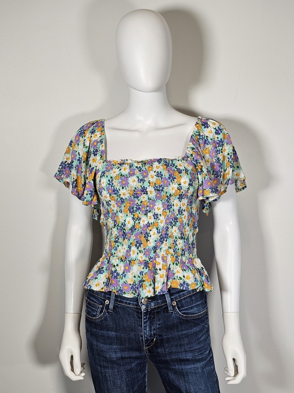 Patrons of Peace Floral Smocked Square-Neck Top — Yellow, Purple, Blue Sz M